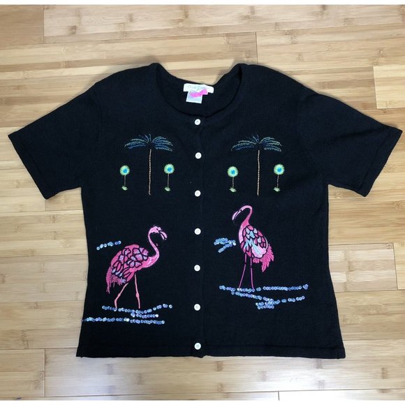 Great Cavalier Flamingo Embroidered Cardigan Black‎ Size M Sequins Applique - Picture 6 of 6